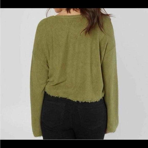 Free People Green Emma’s Henley Top Sz L Tie Waist Raw Hem LS Fairy Boho EUC - Picture 2 of 14